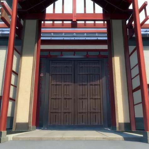 A very good Japanese anime, a very big gate an entrance to a ninja academy, anime style.