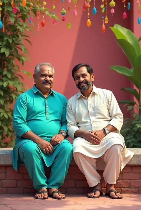 Two men sit together on a stone bench, one wearing a bright turquoise shirt with a mustache and a small red mark on his forehead, and the other in a white kurta. Lush green plants and colorful decorations create a vibrant background against a pink wall. Th...