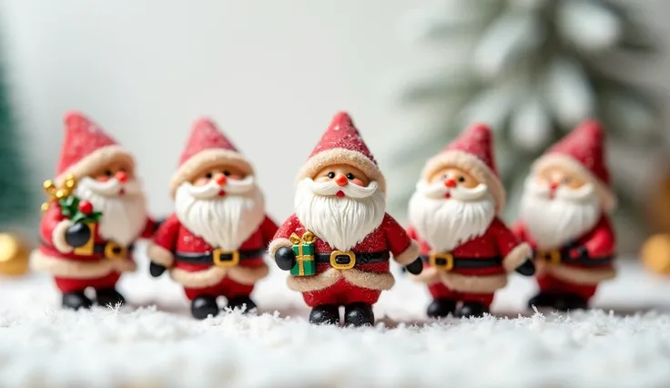 Tiny Santa Figurines: A set of miniature Santa Claus toys with intricate details, displayed on a clean, solid white backdrop.
