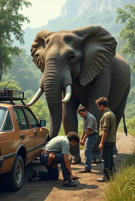 Their car breaks down. They try to repair the car by opening it. But then Bholu elephant comes in front of them.