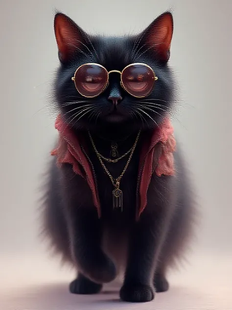 full-bodied portrait, black cat, adorable short fur, wearing mirrored sunglasses, gold necklace, funny weather vest, detailed, walking on two legs, synthwave style, dreamlike, trending in the art season, high definition.