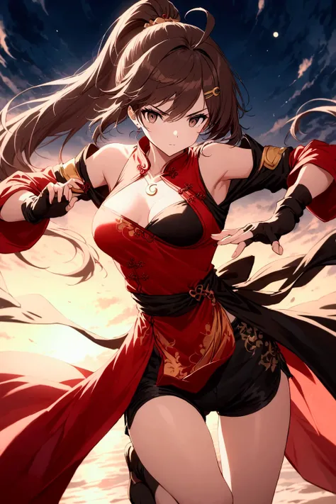 　 ponytail　  dark brown hair　 Oblique Eyes 　active　 Exposing shoulders　  Chest Slightly Open 　 thighs without bare neck　 Breasts are normal　Combat Uniform　 Dark Brown Eyes 　 Red Front Drape at Waist　Fingerless gloves　Ahoge　 red　The face of determination　Be...