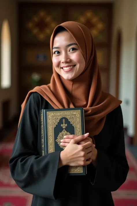 an Indonesian woman wearing a milk chocolate hijab wearing a black dress is seen carrying the book of the Koran while hugging her, looking at the camera and smiling, the background is a small surau at home, it looks detailed and clear, the photo is realist...