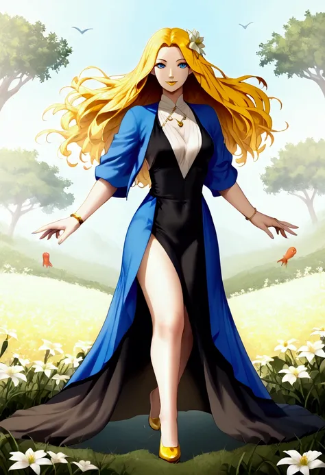 woman, yellow hair, flower field, yellow lipstick, heron, blue eyes, chinese, smile, full body, short clothes, breasts, heron woman, hybrid