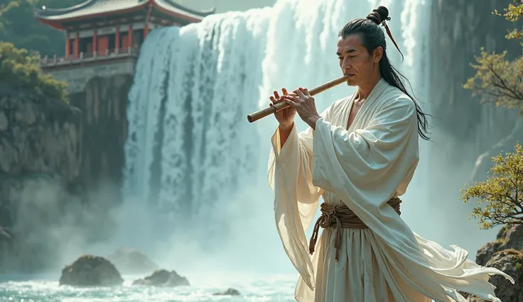 Realistic arafed man dressed in white playing flute near the waterfall, before there is a very well-preserved ancient temple, inspired by Wu Daozi, taoist master, daoist, Chinese fantasy, taoist priest, inspired by Li Shixing, inspired by Gong Xian, zhang ...