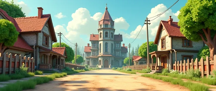 3D cartoon animation style background，Game scene graph， macro shot mini country，On an empty old street ，Dilapidated houses， huge house，Large ground ，Huge building，8k quality，garden
