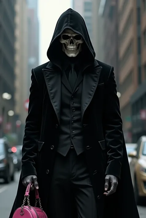 MENS FACE SKULL HOODED BLACK VELVET SUIT, WITH A PINK BAG IN HIS HAND . In the city