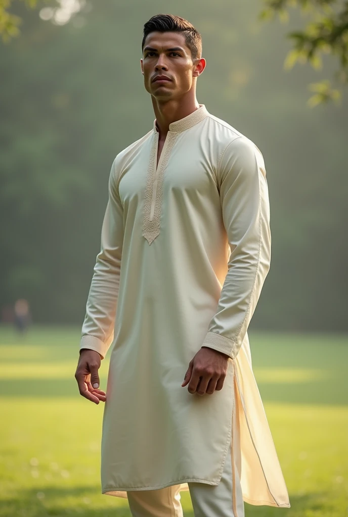 Create a realistic image of Cristiano Ronaldo wearing a traditional kurta and pajama. He stands confidently in a calm, serene outdoor environment, with soft natural lighting highlighting his features. His kurta is a simple yet elegant design, light-colored...