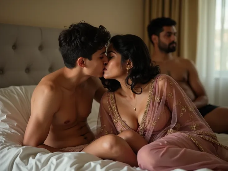 One young teenage boy in undrrwear. He is passionately kissing a fat healthy and hot indian women in a transperent sexy dress. She is exposing her waist chain  in hot saree. They are kissing by lying on the bed of a big bedroom. A fat indian man in underwe...