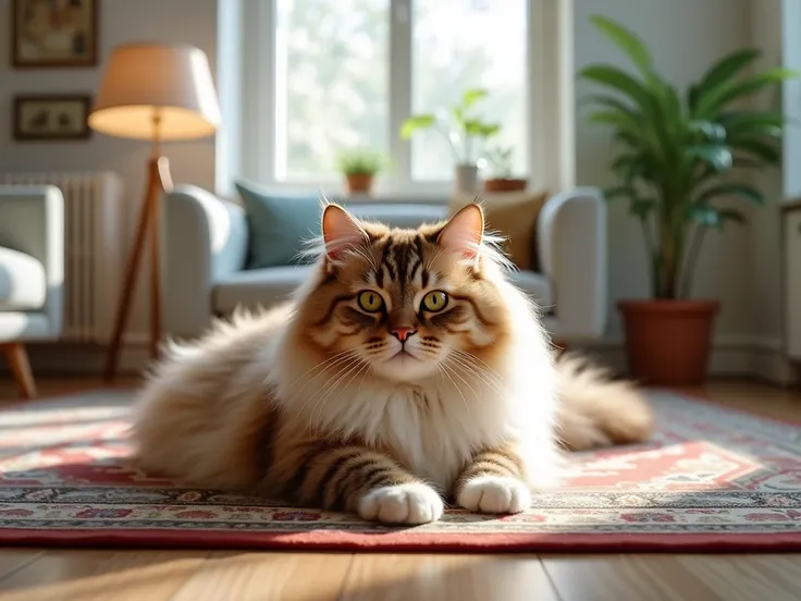  generate ultra HD image 4k realistic photograph of a beautiful Persian cat with shiny and long hair,  lying on a Persian-style carpet ,  he is in a room with modern furniture ,  decorated with lamps and pictures , Its daytime theres a lot of light ,  gree...