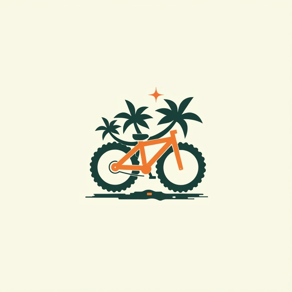 Create a bold, minimalistic logo for a company called CycleParadise. Use a two-color palette with clean, modern typography. Incorporate cycling-themed elements  subtly integrated with tropical motifs. The design should evoke feelings of athleticism, freedo...