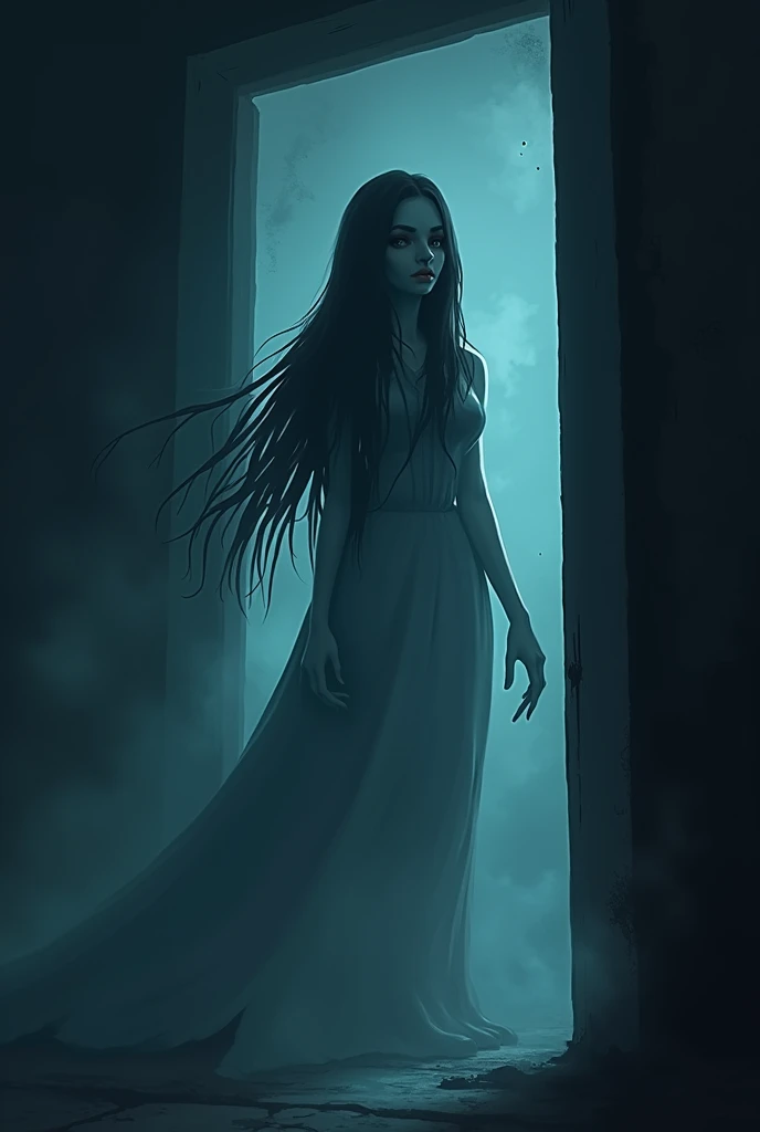 I need a cartoon image in a darkfont which should be scary by this prompt,
First encounter: The moment the ghost first appears from the shadows, with her long hair moving as if caught by an unseen wind.
