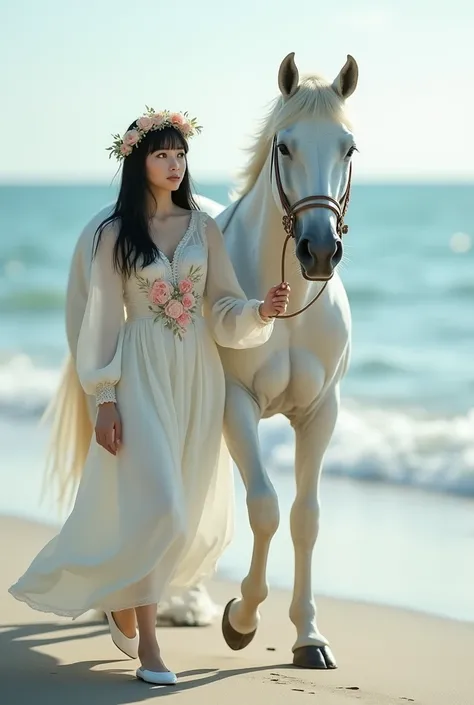  A woman with black straight hair is wearing a long sleeve long skirt of white color with a rose flower print there is a flower crown on a womans head , woman standing woman wearing white slippers right sucking camera ,her face is beautiful lenticular eyes...