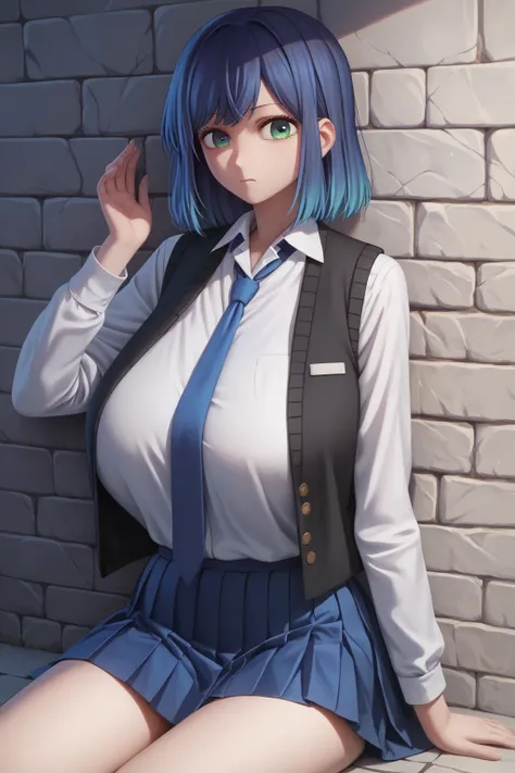 akane kurokawa, bangs, green eyes, blue hair, medium hair, dark blue hair, large breast, shirt, school uniform, white shirt, necktie, collared shirt, vest, blue necktie, skirt, blue skir, huge breast, clothes wrinkle, skinny, sitting, lean against wall, lo...