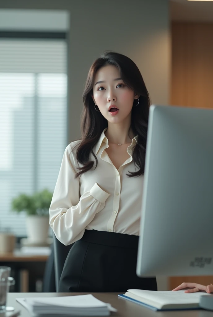 Korean female office worker with her mouth open