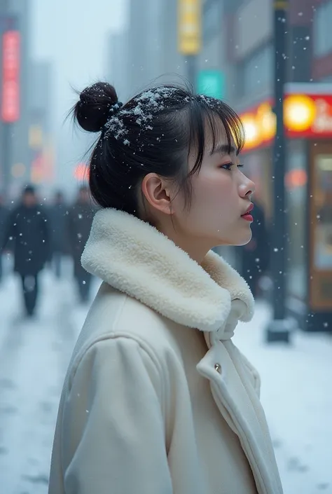 Snow Day　In front of the bus stop　Beauty　 face close-up in the streets of Harajuku　  I can see tears in a white coat 　I can see the cafe 

