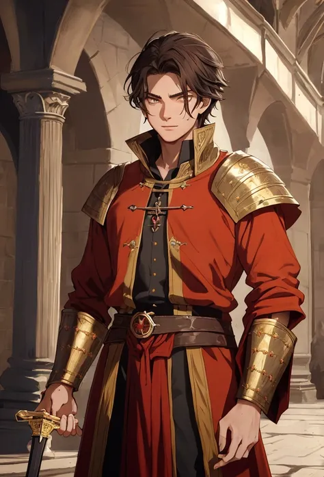  A 17-year-old teenage boy with slightly disheveled dark hair ,  wears a medieval European-style noble outfit in red and orange and white.  His appearance exudes authoritativeness but looks a little lazy .  He holds a sword in his hand , stares sharply at ...