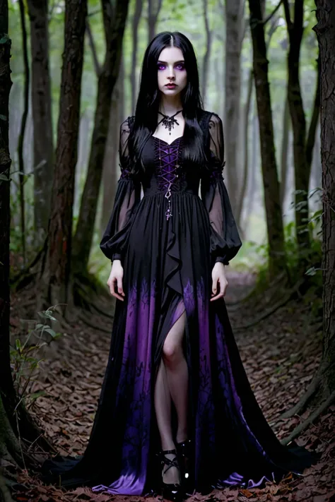  woman , black hair, purple eyes with vertical pupil, gothic dark clothes, black long dress with little purple design on dress, dark shoes,  soft smile,  Realistic anatomy ,  long hair, black background , like in a nightmare ,  pretty face ,  pale skin ,  ...