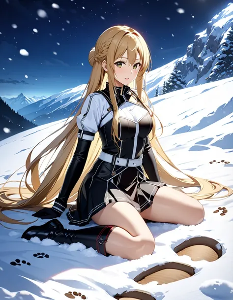 Mountain pass, (Footprints of snow:1.5), night, ( Yukiko Aikina_ Sword Art Online ), Blonde,  long hair, masterpiece, highest quality, UHD, retina, masterpiece, accurate anatomy, textured skin, super detailed, high quality, best quality,  highres icon, 8k