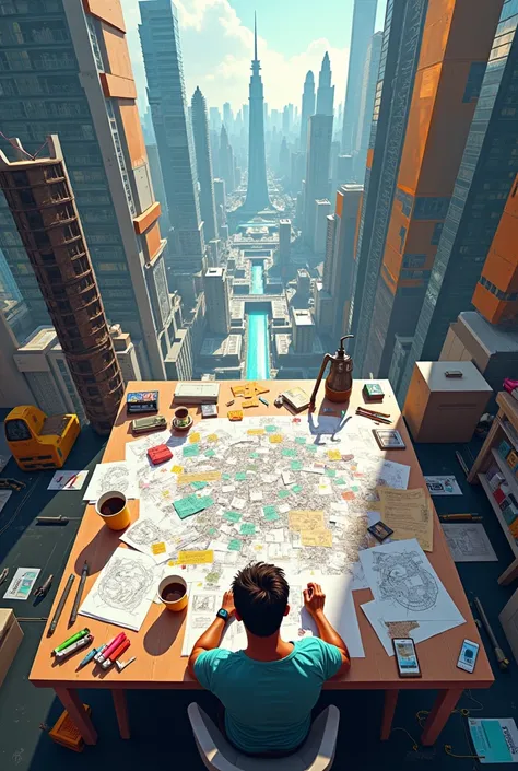 a table cluttered with papers, sketches, and half-formed ideas city in future . Top-down view