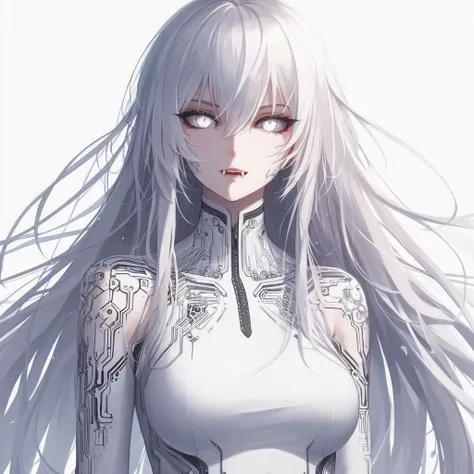 ((2D dynamic vibrant anime oily painting art style)), score_7, score_8, score_9_up,  ((masterpiece)) ,((anime)), young woman, solo, white long silver hair, white eyes, black sclera, white iris, extremely pale white skin, grey intricate circuitry marks etch...