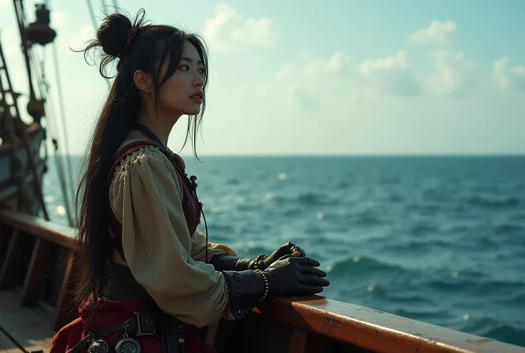 ((Beautiful female pirate sitting on a pirate ship helicopter and looking at the horizon))。(masterpiece: 1.3), (8k,  realistic ,  RAW photo, 最 High Quality : 1.4),  a beautiful 20-year-old Japanese female pirate,  double eyelids ,  beautiful woman: 1.4,  H...