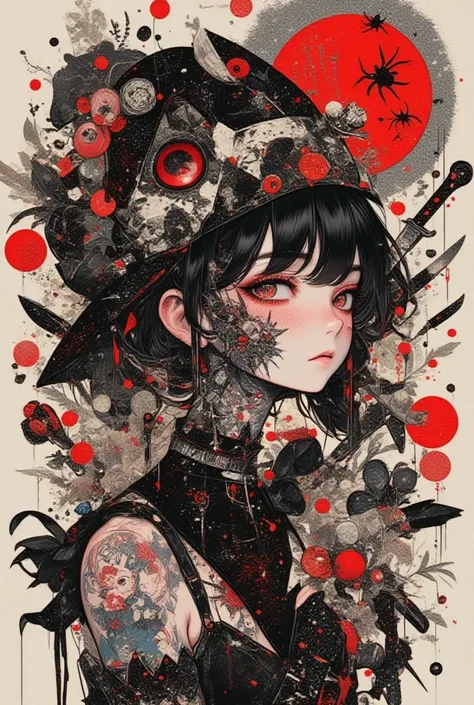  The crazy girl in Gothic Lolita,The woman said 「Which design do you like?」,Black,grey,red, Surreal collage,a contemporary artistic collage,collage artwork, New Album Cover , Great Job !! ,digital collage、(collage ),collage art,contemporary collage,mixed m...