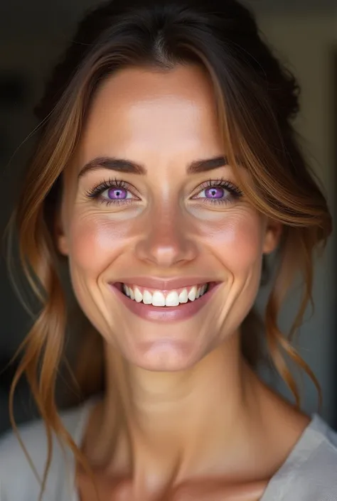 
40-year-old girl smiles without wrinkles purple looking at the camera