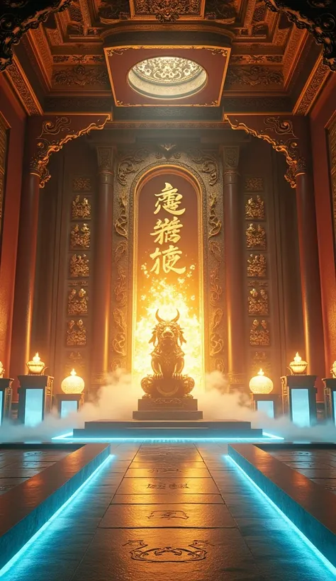 /imagine prompt: High-resolution image generation: the interior of a mystical shrine dedicated to the Qilin, featuring ornate golden carvings of the legendary beast on walls and columns, with glowing runes etched into the stone floor: ambient light emanati...