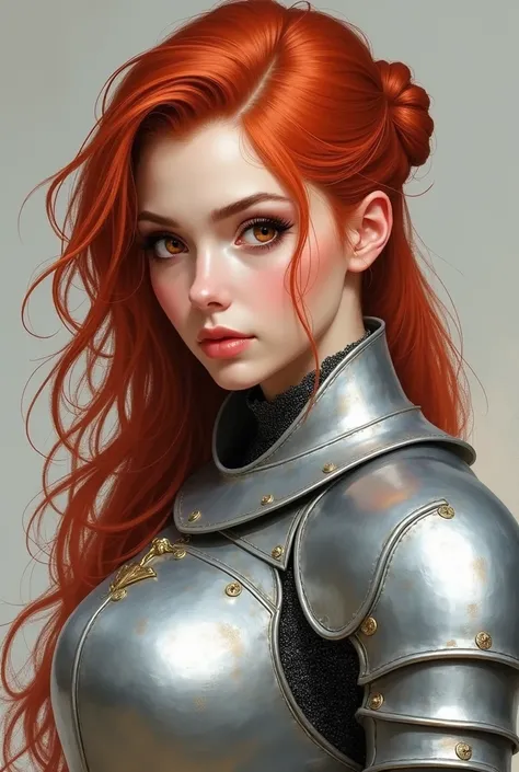 1girl, cute face, young, woman, adult, red hair, ponytail hair, red eyes, lips, knight, silver armor, masterpiece, best quality