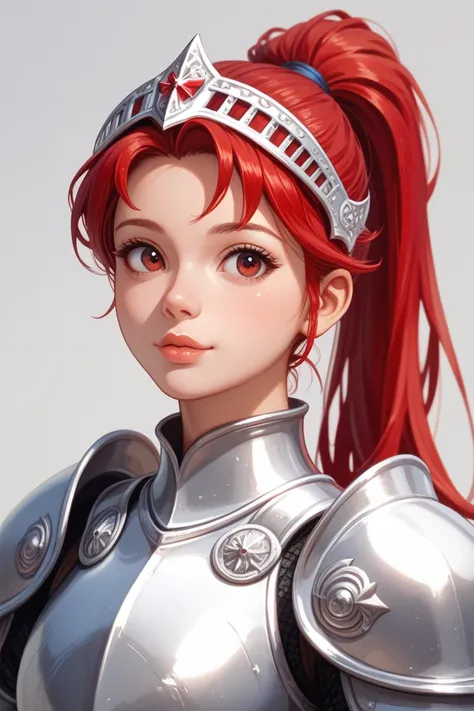 1girl, cute face, young, woman, adult, red hair, ponytail hair, red eyes, lips, knight, silver armor, masterpiece, best quality