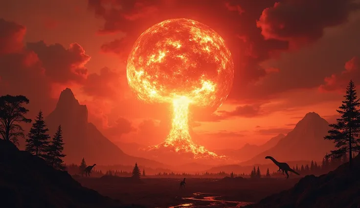 An apocalyptic landscape showing the impact of the Chicxulub asteroid. A gigantic asteroid collides with Earth, creating a massive explosion that lights up the sky red and filled with dark clouds. On the horizon, dinosaurs are seen desperately fleeing a sh...