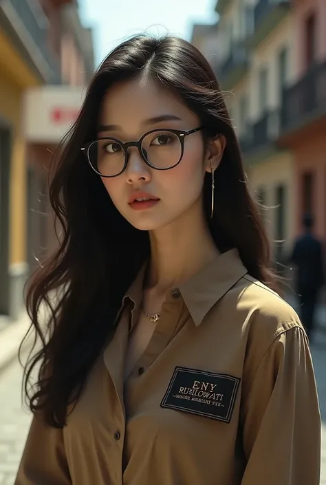 A vintage-style portrait of a beautiful Korean woman with long, dark hair wearing stylish glasses. She has an intense gaze directed and has a black label with  big gold a the name "Eny Rusilowati" in of her shirt the left. The composition is a close-up sho...