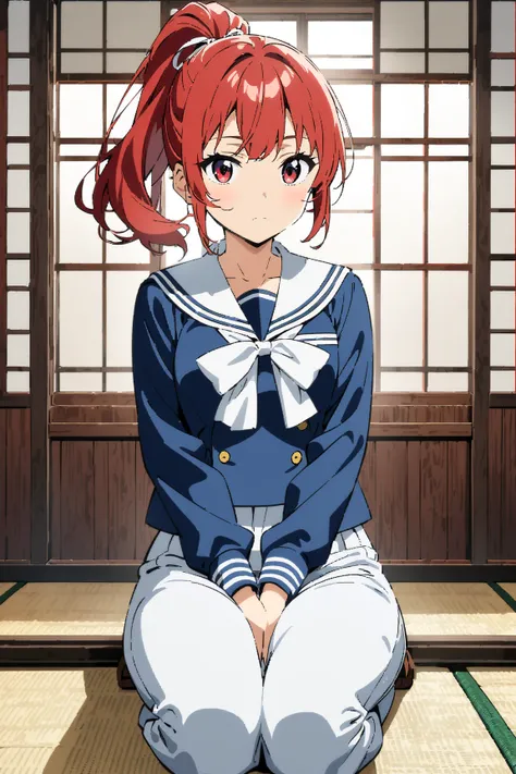  anime style、最 High Quality 、 High Quality 、Detailed depiction down to the last detail、 girl sitting、 sailor suit 、 red eyes、Red Hair、 ponytail、 white ribbon、Tatami room