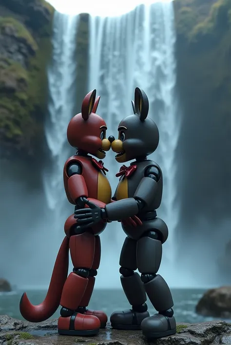 Foxi from fnaf kisses with mangel from fnaf in front of the waterfall 