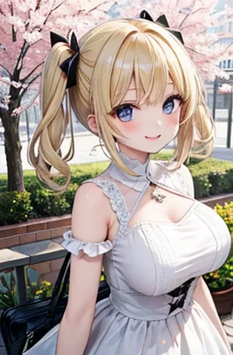 （Beautiful sister:1.3）、 happy face, spring vibe、 dress、 evening 、Blonde and brunette、university student、Pigtails、Okabo Hair、 long black hair, big breasts