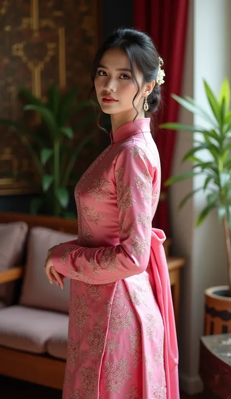 A beautiful Indonesian women, wearing a traditional kebaya, stands elegantly in a well-lit room. She is dressed in a pink kebaya adorned with colorful small flower patterns, paired with a songket skirt. The shot is framed mid-body, capturing her graceful p...