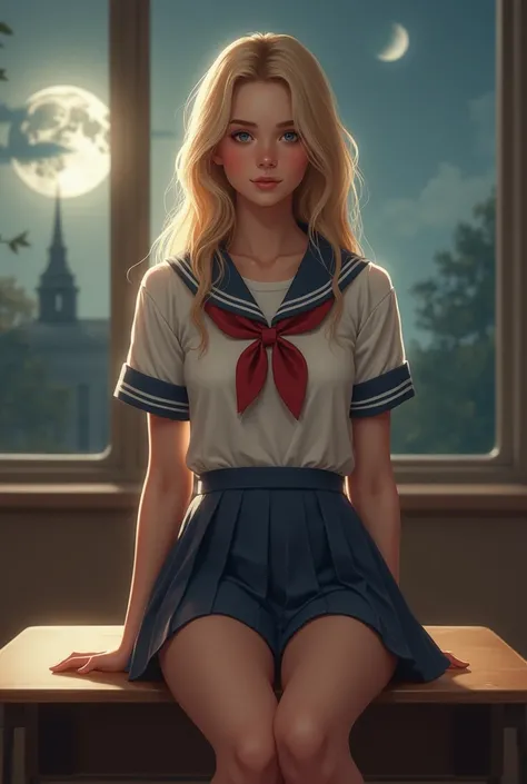 (photorealism:1.9), beautiful teen girl, sitting on school desk, wearing school uniform, tiny skirt, nice body, blonde hair, indoors, soft lighting, school classroom in background, window with moonlight, tough girl, realistic, details, not smiling, Pretty,...