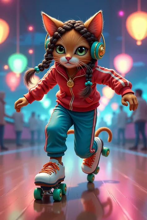 Painting depicting a realistic young African American cat energetically roller skating in front of the rink. She has braided hair decorated with turquoise beads and gold accents, and the cat is dressed in a track suit with blue track pants and white skates...