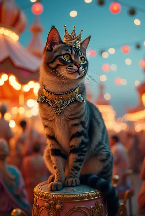 A cat with a crown, Above a carnival carriage ,  seen from afar with lights and as Miss Universe 