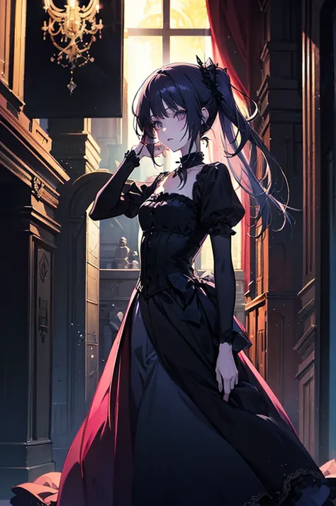 Gothic horror anime noble girl standing dancingg in a dark room half body