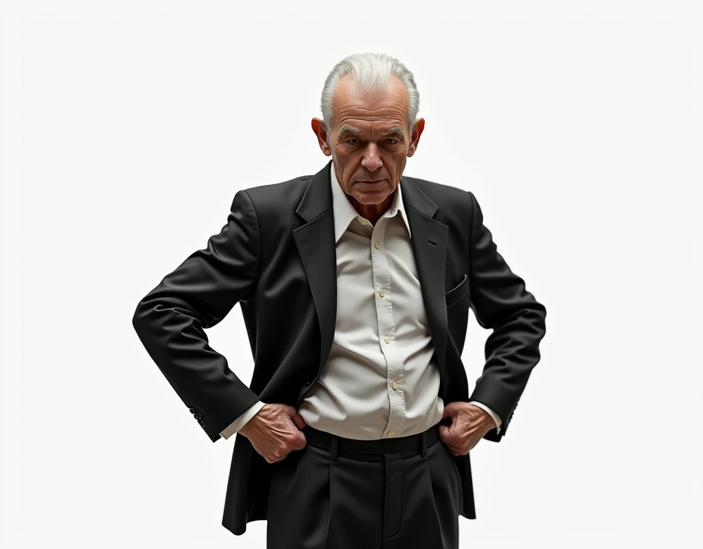 full body image of an old man in a suit pulling down his pants and (( showing her ass)) seen from the side , fondo blanco