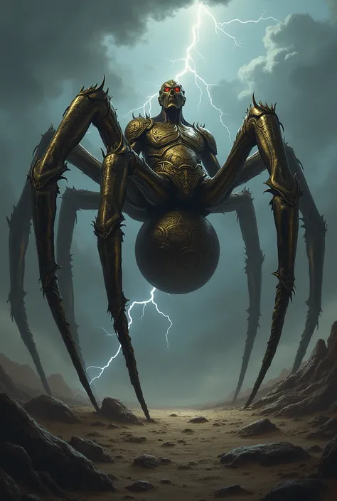 Create an image of a hybrid being  (Deus ares with characteristics of a spider)