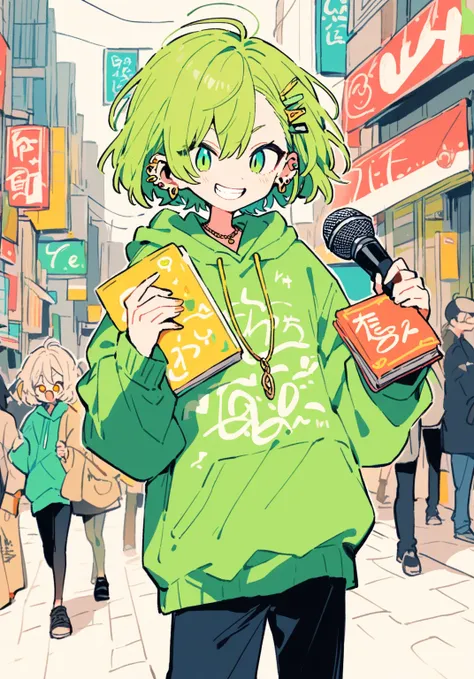 Handwritten, Handwritten, One Handwritten Man, Bad Eyesight　 very short hair　The front hair is up　 two blocks　 Ear Piercing Neon Green Gradation Street Fashion　 hoodie　Gold Necklace　 holding a microphone in one hand 、 smirking at his teeth holding a book i...