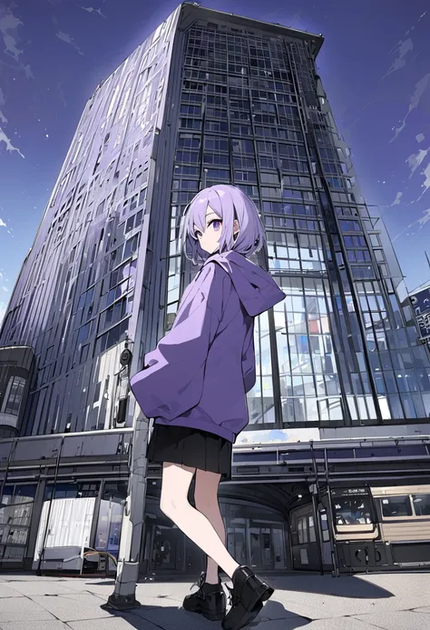 Kate。 purple eyes。 light purple hair。 purple hoodie with white spots。Black short skirt。Black shoes下。Black shoes。 black ribbon。 shorthair。Kobe Port Tower 