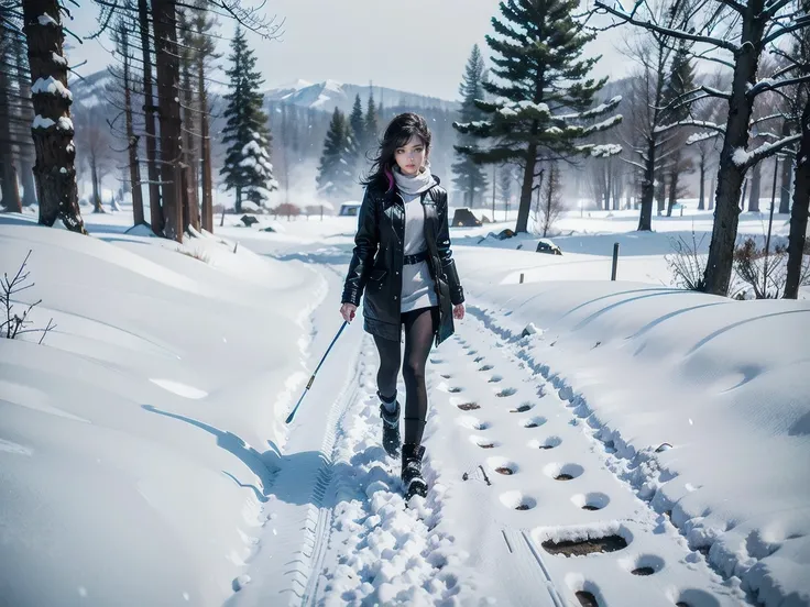 Girl walking in the snow, colorful footprints in the snow, Unreal Engine, Art Station, 4K, high resolution, realistic, photorealistic, surreal, detailed snow texture, snowflakes, full body, complex Detail, vibrant colors, dramatic lighting, cinematic compo...