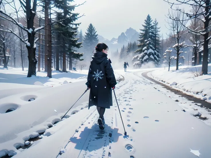 Girl walking in the snow, colorful footprints in the snow, Unreal Engine, Art Station, 4K, high resolution, realistic, photorealistic, surreal, detailed snow texture, snowflakes, full body, complex Detail, vibrant colors, dramatic lighting, cinematic compo...