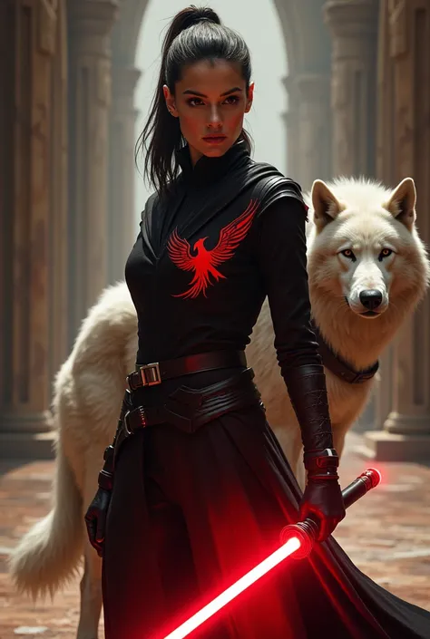 une femme peau clair coiffée dune queue de cheval habillé en assassin sith,  a red light saber in her right hand and a fire-colored phoenix on her left arm, with a white wolf behind her , lieu temple sith.