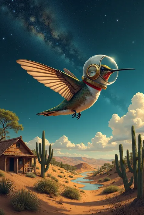  A hummingbird with an astronauts helmet wings made of stardust fly over a landscape that mixes the Infinity of the cosmos with the simplicity of the Brazilian hinterland. In the background,  the starry sky reveals galaxies that are intertwined with clay h...