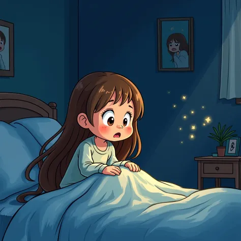 An illustration of a rens story is a cartoon drawing of a cute cartoon character of an  girl with long brown hair wearing pajamas hiding under the cover in her bed in her dark room and she is afraid. The second picture is the same  sitting on the bed in th...